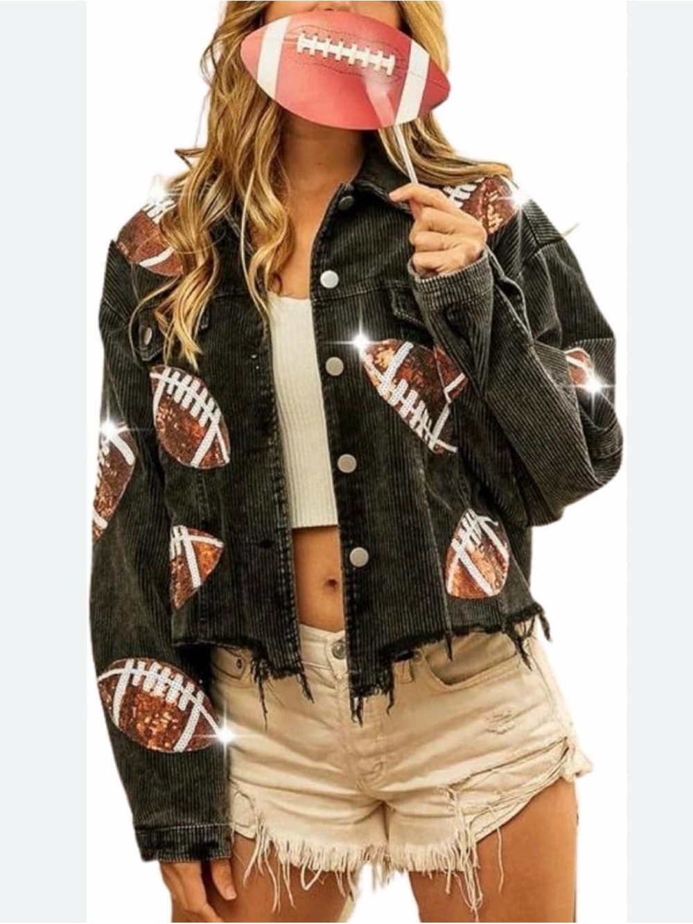 Women’s Black Corduroy Jacket with Football Patch Detail